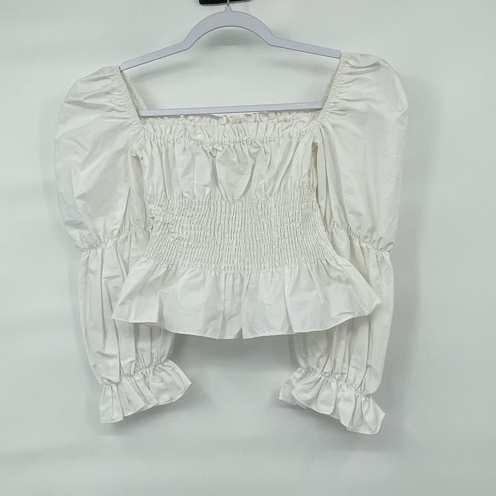 Olivaceous White cotton puff sleeve smocked long sleeve blouse